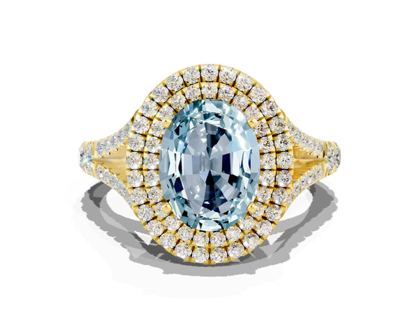Yellow gold Double Halo Oval Cut Aquamarine Pavé Split Shank Ring with Prong Setting