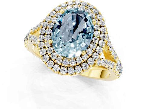 Yellow gold Double Halo Oval Cut Aquamarine Pavé Split Shank Ring with Prong Setting_1