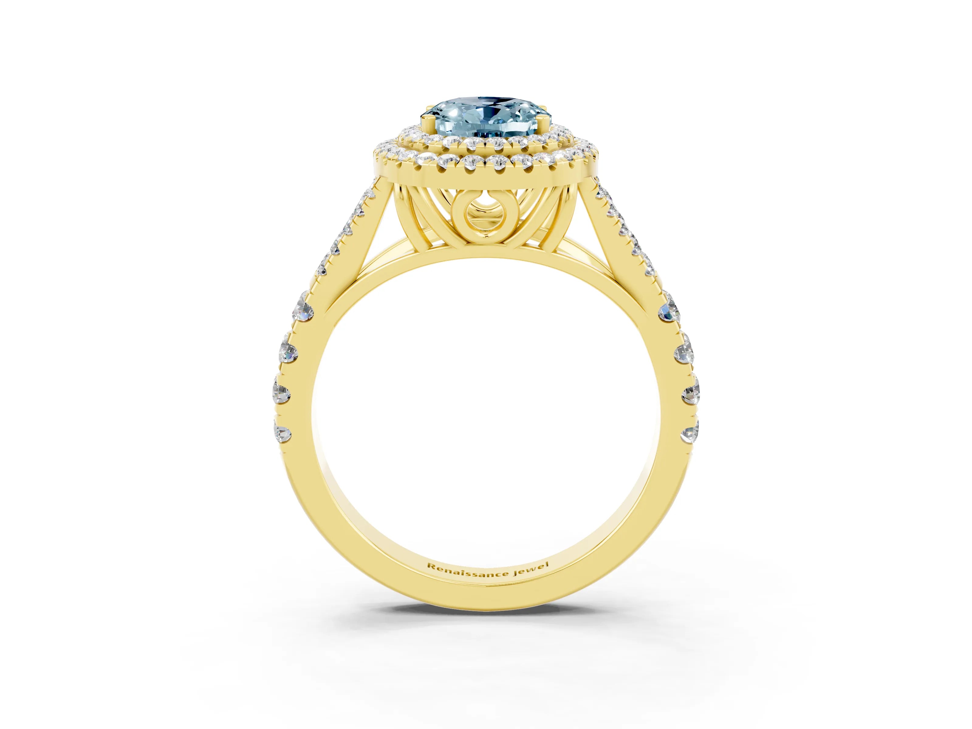 Yellow gold Double Halo Oval Cut Aquamarine Pavé Split Shank Ring with Prong Setting_3