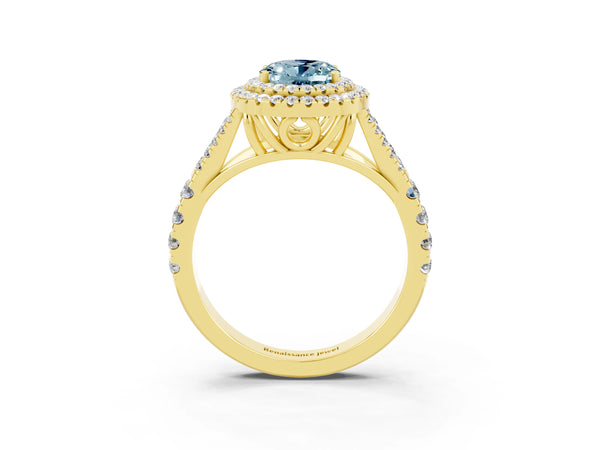 Yellow gold Double Halo Oval Cut Aquamarine Pavé Split Shank Ring with Prong Setting