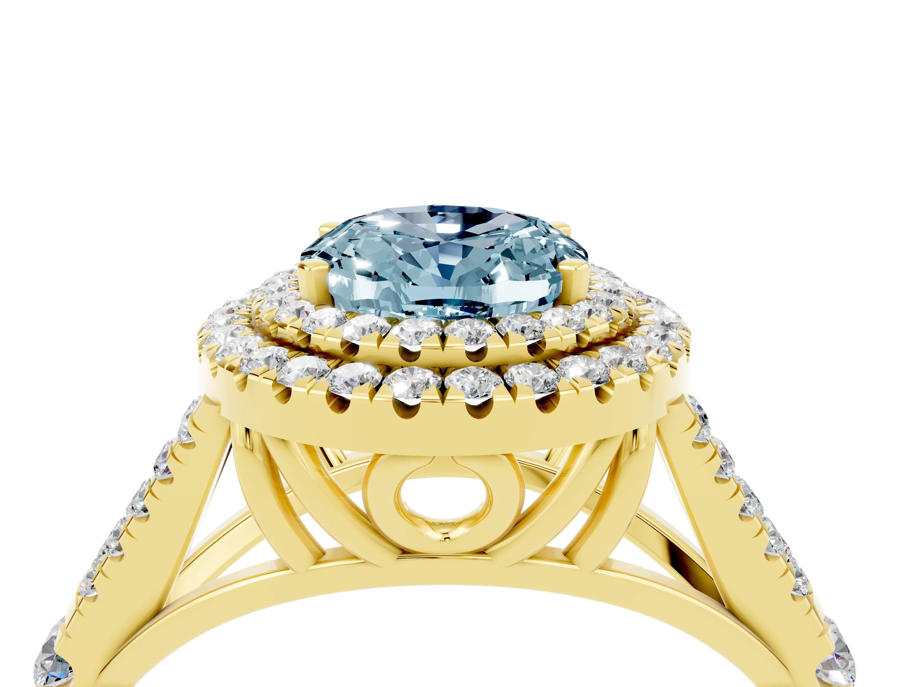 Yellow gold Double Halo Oval Cut Aquamarine Pavé Split Shank Ring with Prong Setting_4