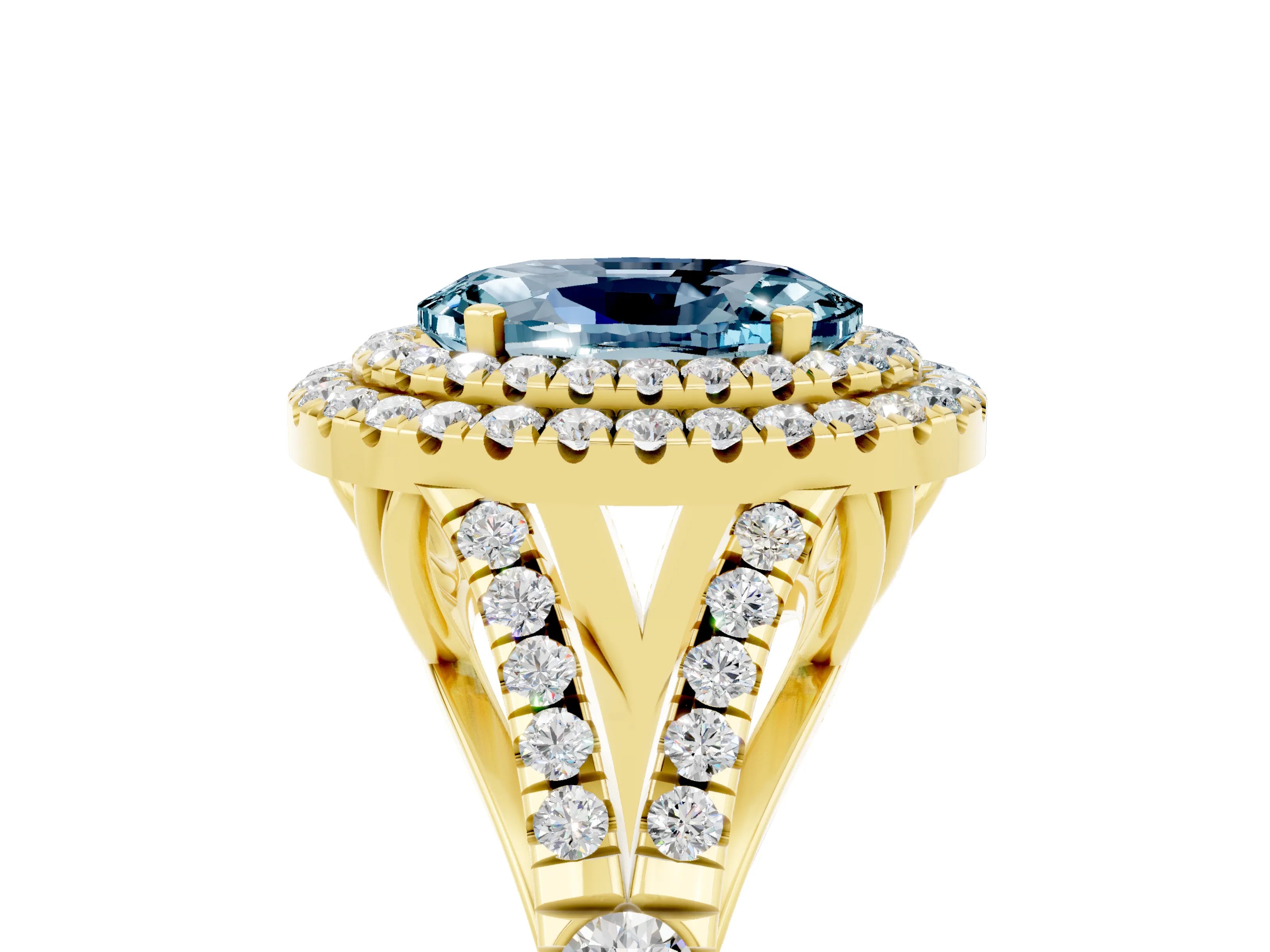 Yellow gold Double Halo Oval Cut Aquamarine Pavé Split Shank Ring with Prong Setting_5