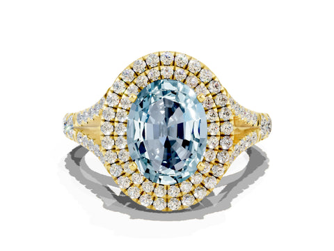 Yellow gold Double Halo Oval Cut Aquamarine Pavé Split Shank Ring with Prong Setting
