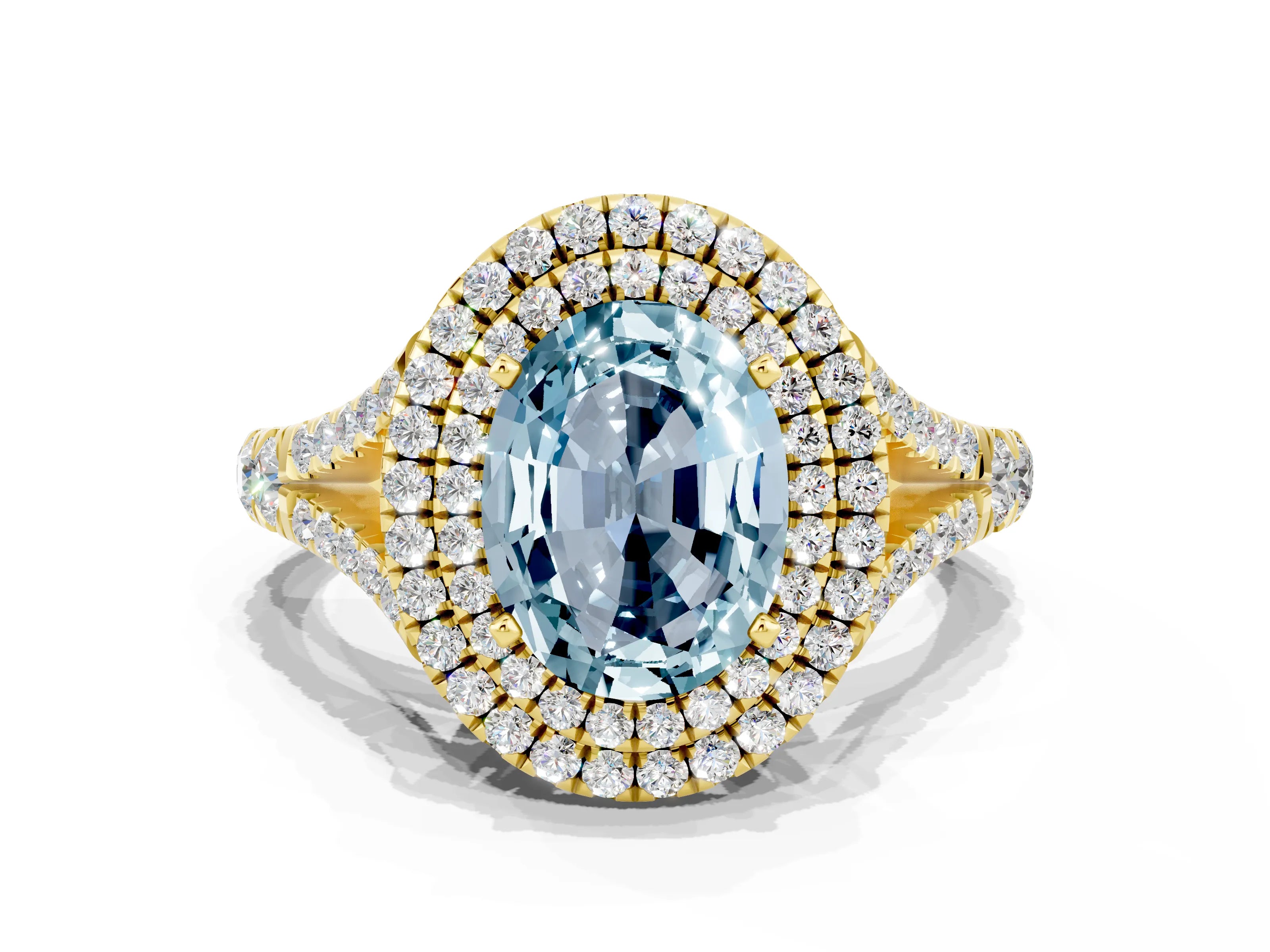 Yellow gold Double Halo Oval Cut Aquamarine Split Shank Engagement Ring with Four-Prong Setting