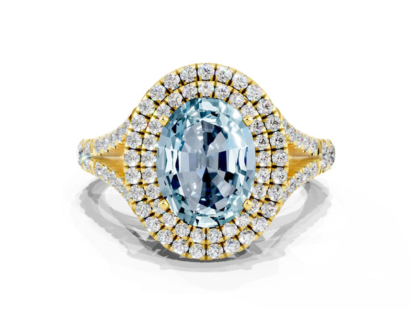 Yellow gold Double Halo Oval Cut Aquamarine Split Shank Engagement Ring with Four-Prong Setting