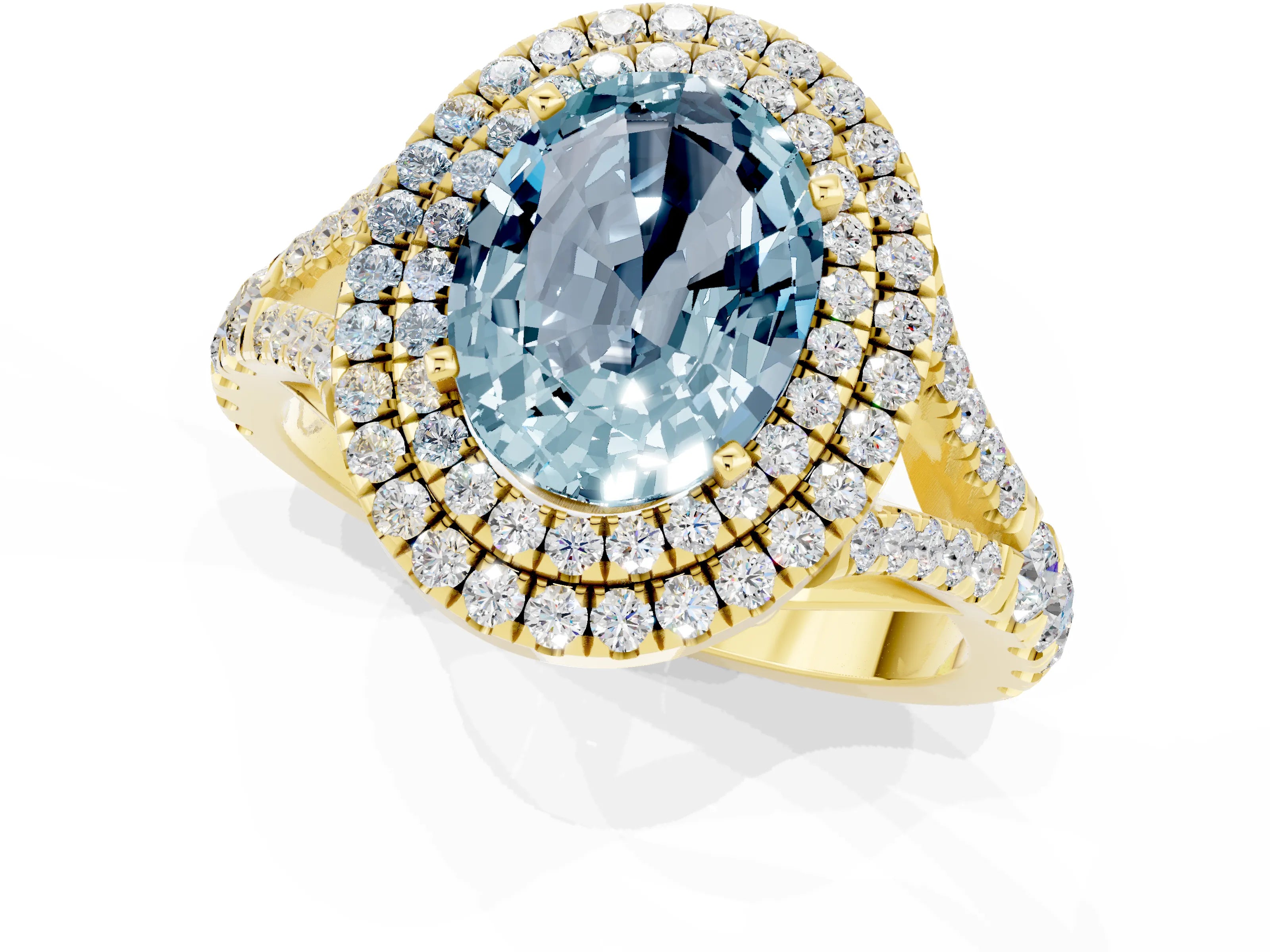 Yellow gold Double Halo Oval Cut Aquamarine Split Shank Engagement Ring with Four-Prong Setting_1