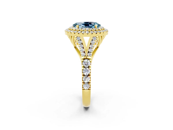 Yellow gold Double Halo Oval Cut Aquamarine Split Shank Engagement Ring with Four-Prong Setting