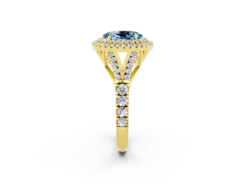 Yellow gold Double Halo Oval Cut Aquamarine Split Shank Engagement Ring with Four-Prong Setting_2