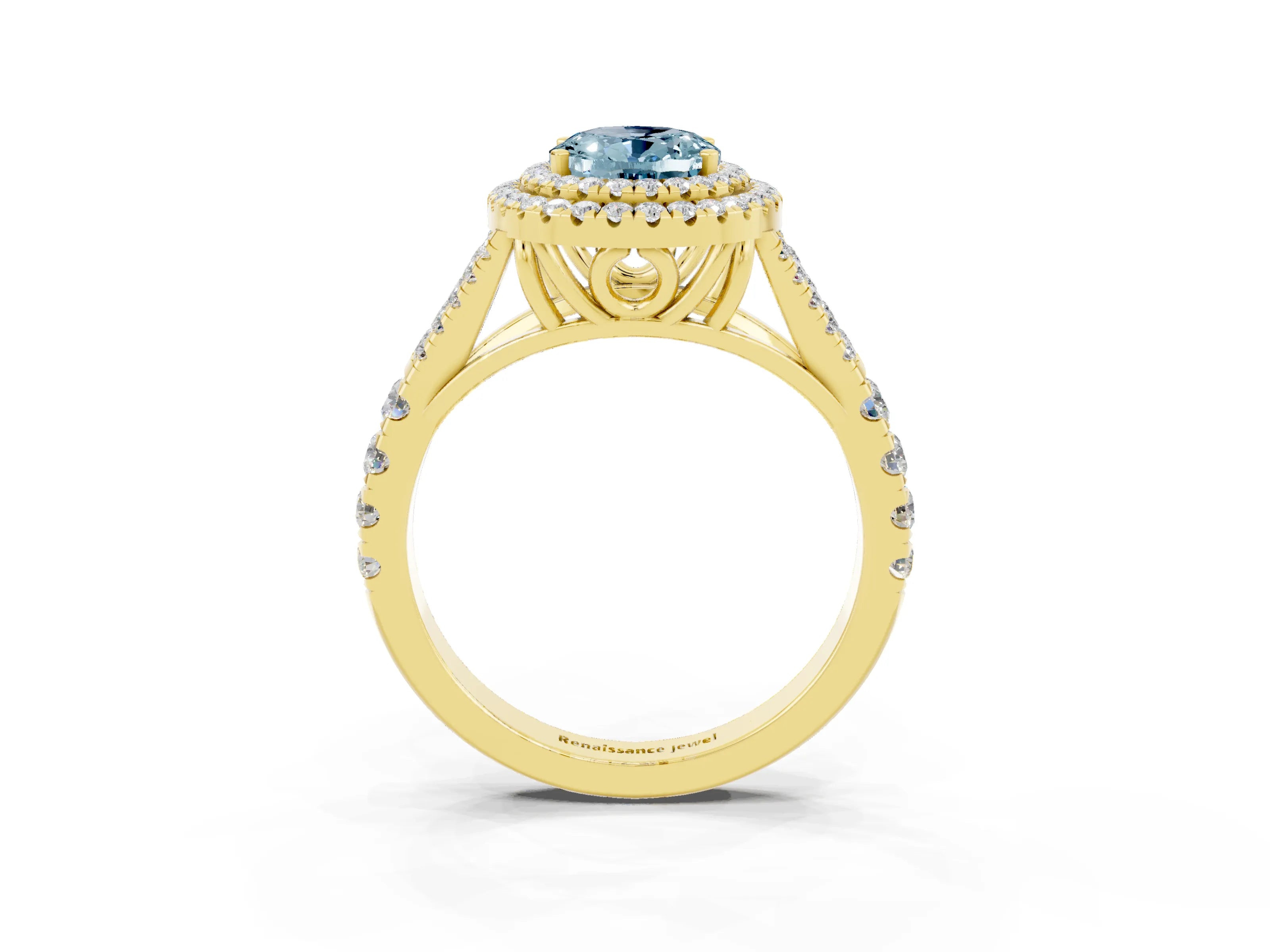 Yellow gold Double Halo Oval Cut Aquamarine Split Shank Engagement Ring with Four-Prong Setting_3