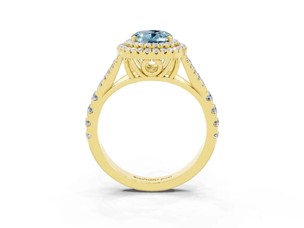 Yellow gold Double Halo Oval Cut Aquamarine Split Shank Engagement Ring with Four-Prong Setting