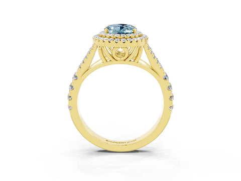 Yellow gold Double Halo Oval Cut Aquamarine Split Shank Engagement Ring with Four-Prong Setting_3