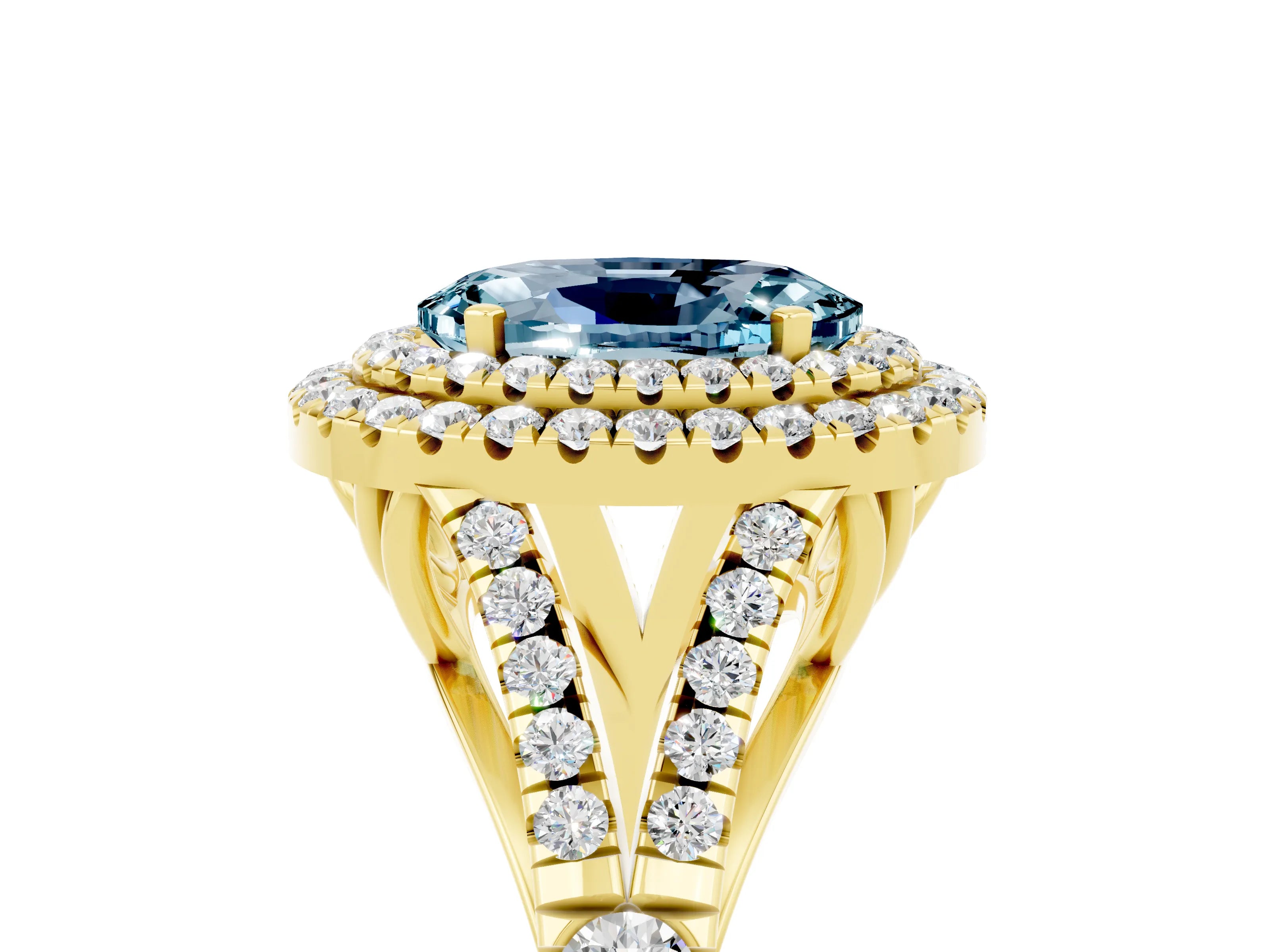 Yellow gold Double Halo Oval Cut Aquamarine Split Shank Engagement Ring with Four-Prong Setting_5