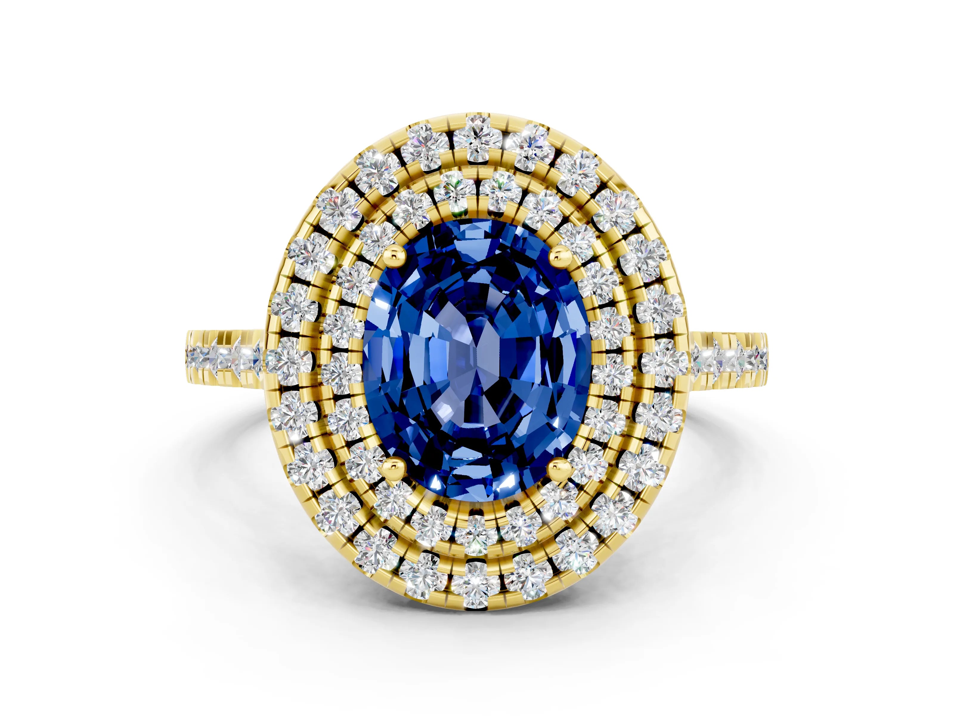 Yellow gold Double Halo Oval Cut Blue Sapphire Pavé Band with Four-Prong Setting