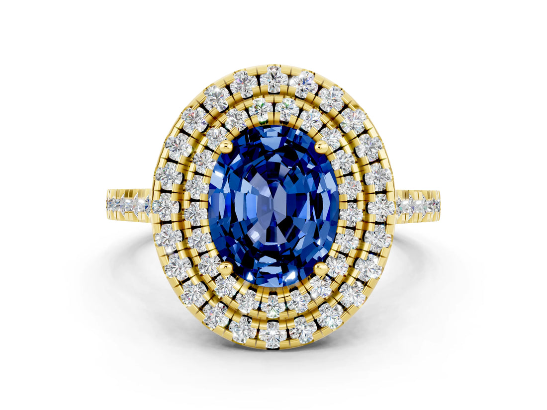 Yellow gold Double Halo Oval Cut Blue Sapphire Pavé Band with Four-Prong Setting