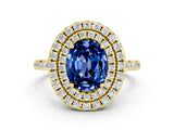 Yellow gold Double Halo Oval Cut Blue Sapphire Pavé Band with Four-Prong Setting
