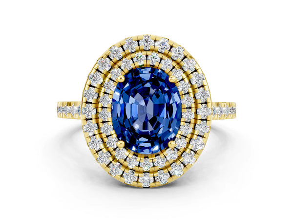 Yellow gold Double Halo Oval Cut Blue Sapphire Pavé Band with Four-Prong Setting