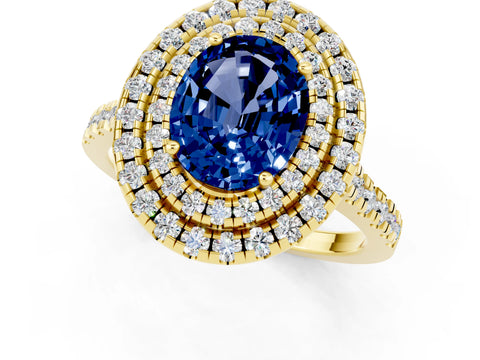 Yellow gold Double Halo Oval Cut Blue Sapphire Pavé Band with Four-Prong Setting_1