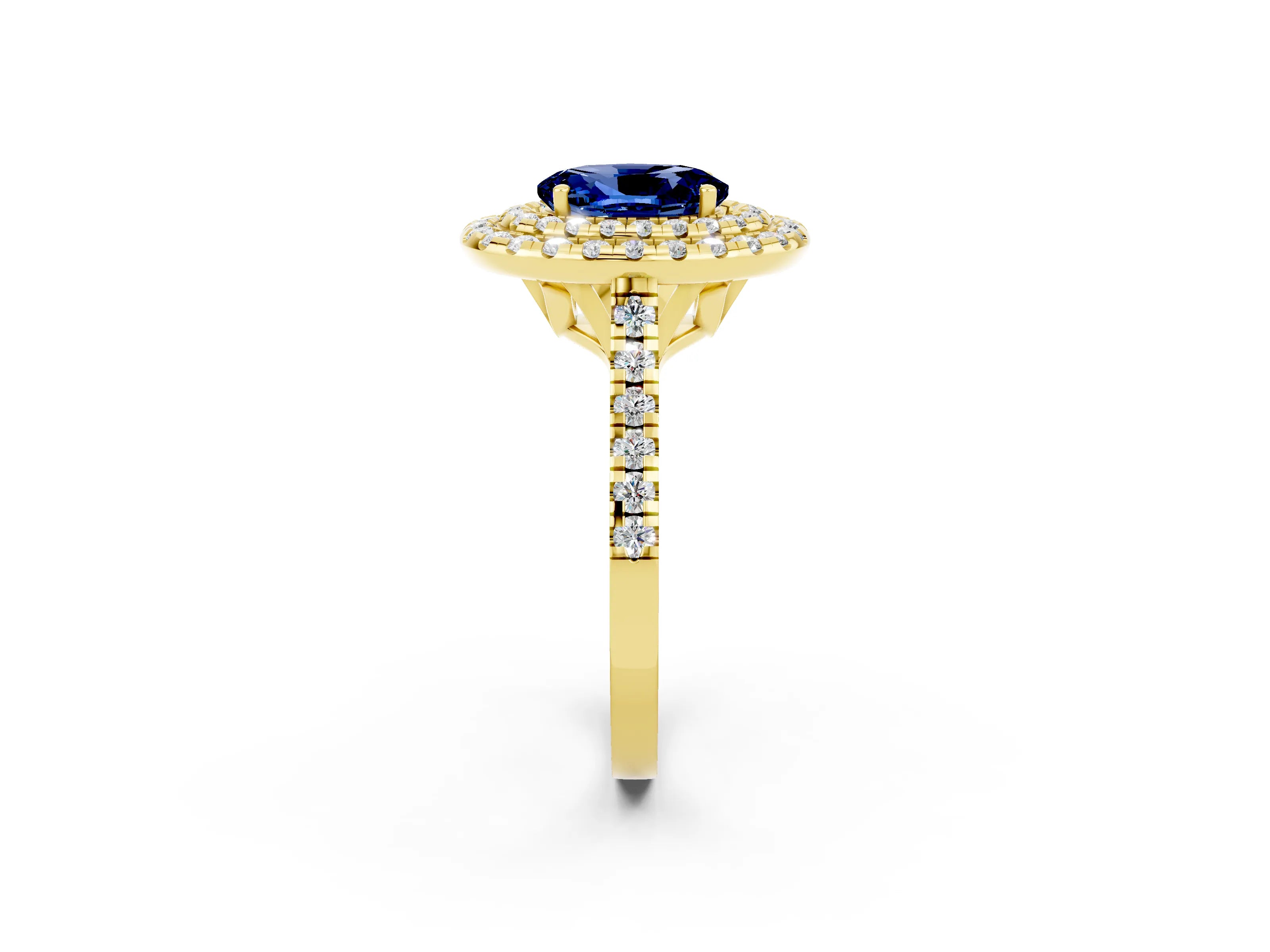 Yellow gold Double Halo Oval Cut Blue Sapphire Pavé Band with Four-Prong Setting_2