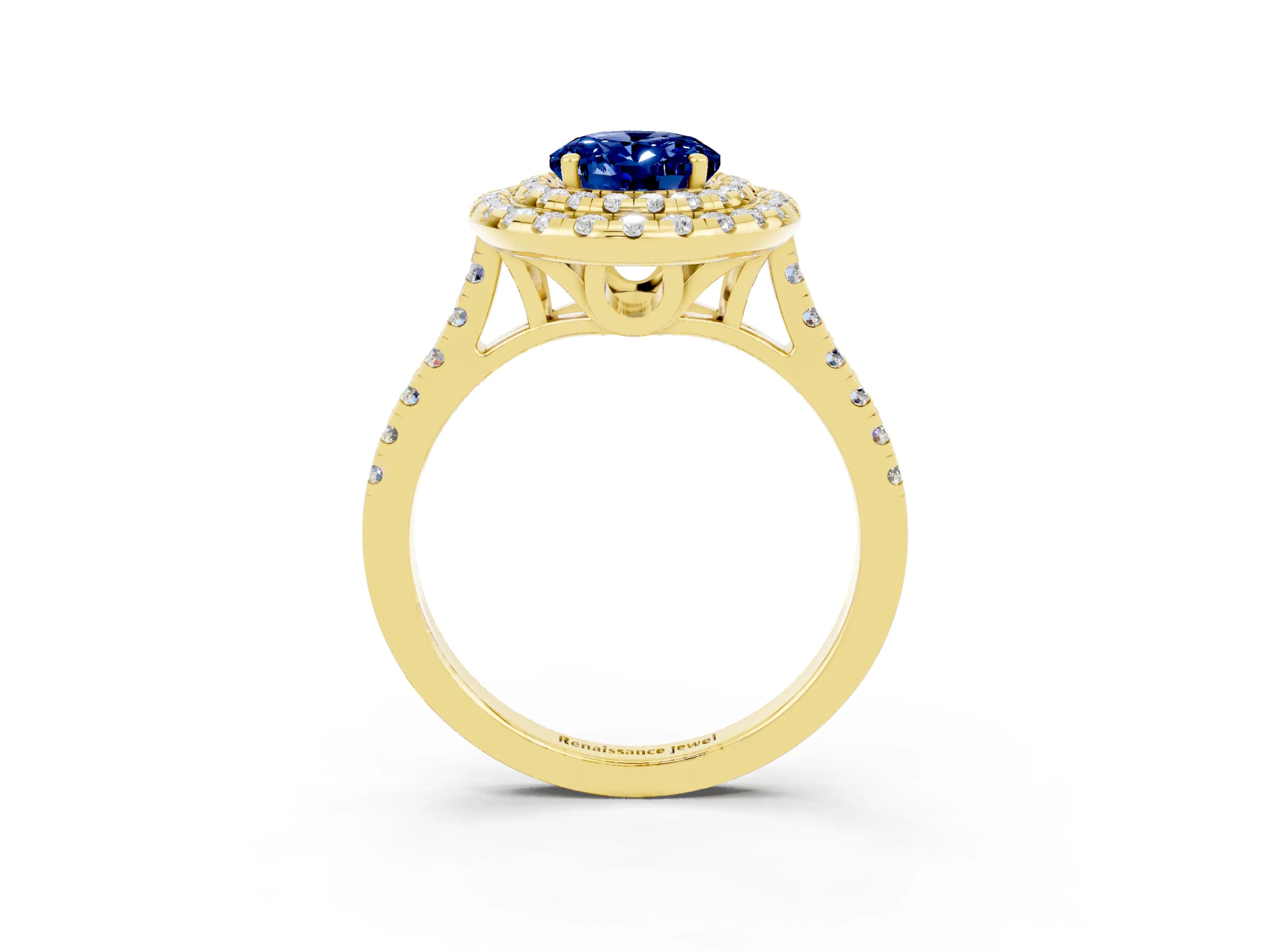 Yellow gold Double Halo Oval Cut Blue Sapphire Pavé Band with Four-Prong Setting_3