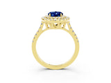 Yellow gold Double Halo Oval Cut Blue Sapphire Pavé Band with Four-Prong Setting_3