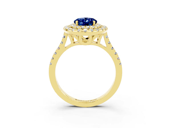 Yellow gold Double Halo Oval Cut Blue Sapphire Pavé Band with Four-Prong Setting