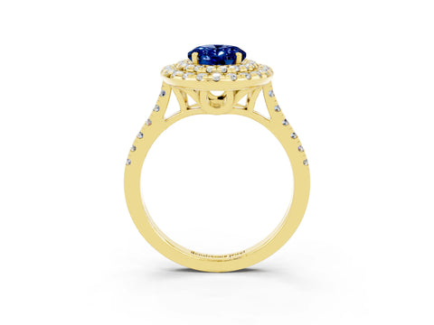 Yellow gold Double Halo Oval Cut Blue Sapphire Pavé Band with Four-Prong Setting_3