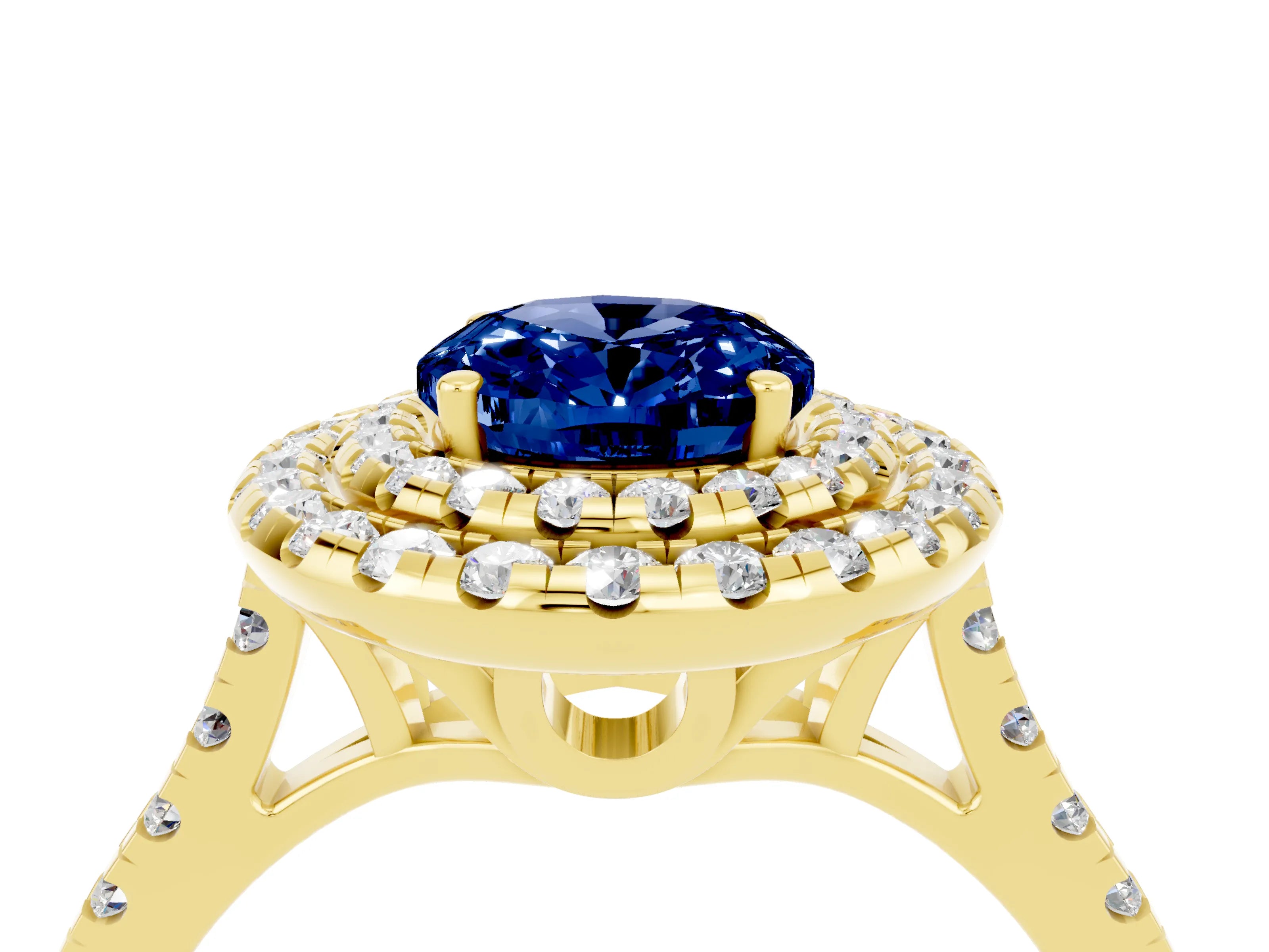 Yellow gold Double Halo Oval Cut Blue Sapphire Pavé Band with Four-Prong Setting_4