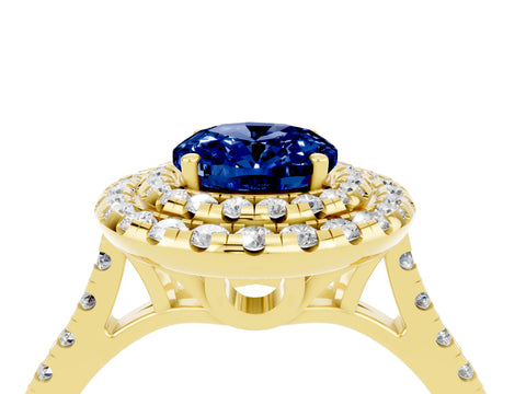 Yellow gold Double Halo Oval Cut Blue Sapphire Pavé Band with Four-Prong Setting_4