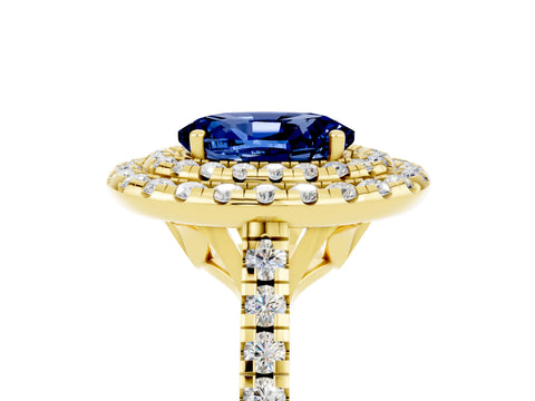 Yellow gold Double Halo Oval Cut Blue Sapphire Pavé Band with Four-Prong Setting_5