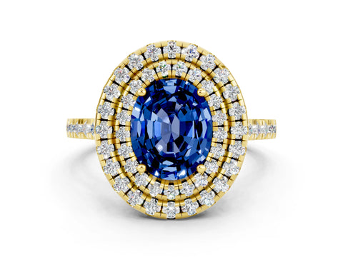 Yellow gold Double Halo Oval Cut Blue Sapphire Pavé Band with Four-Prong Setting