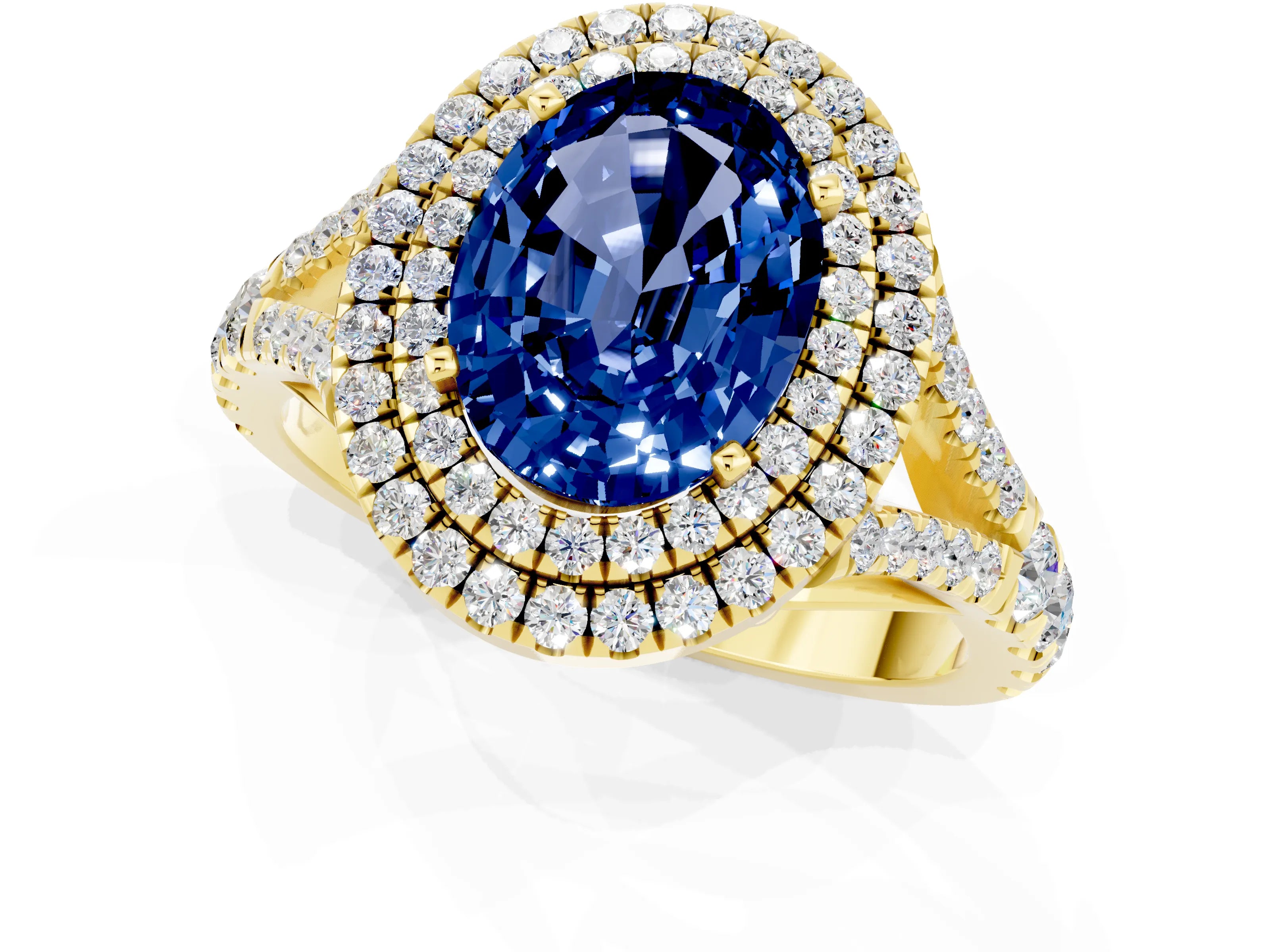 Yellow gold Double Halo Oval Cut Blue Sapphire Pavé Split Shank Ring with Prong Setting_1