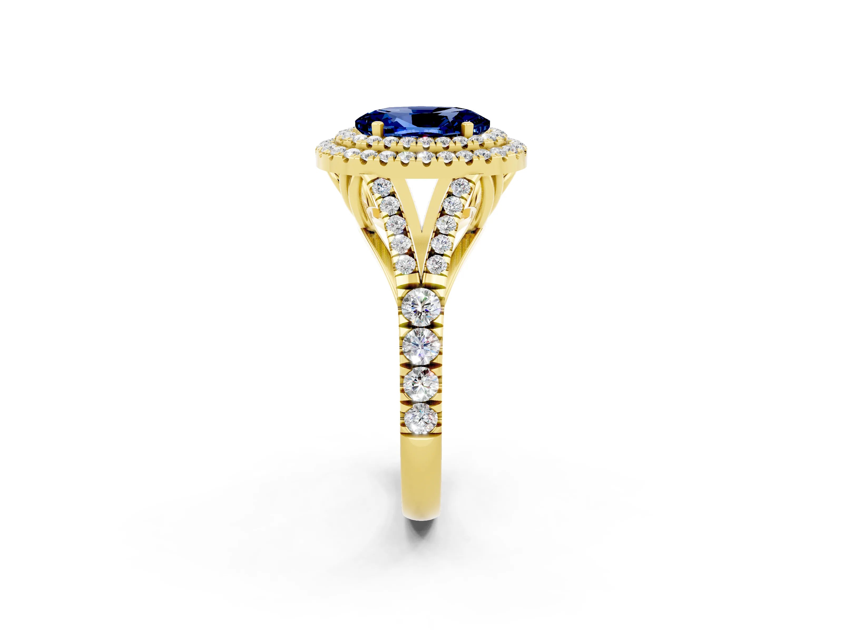 Yellow gold Double Halo Oval Cut Blue Sapphire Pavé Split Shank Ring with Prong Setting_2