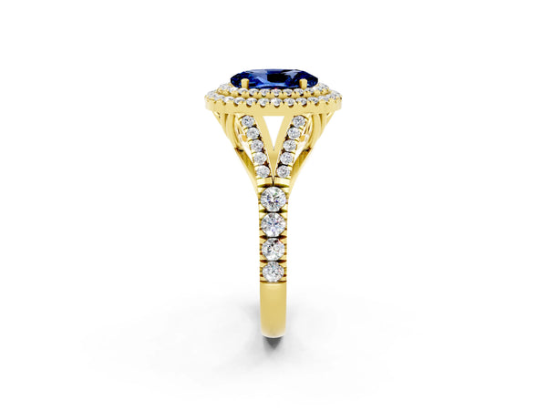 Yellow gold Double Halo Oval Cut Blue Sapphire Pavé Split Shank Ring with Prong Setting