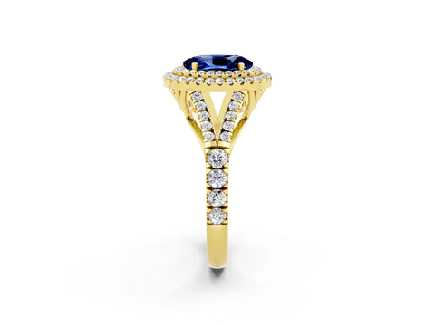 Yellow gold Double Halo Oval Cut Blue Sapphire Pavé Split Shank Ring with Prong Setting_2
