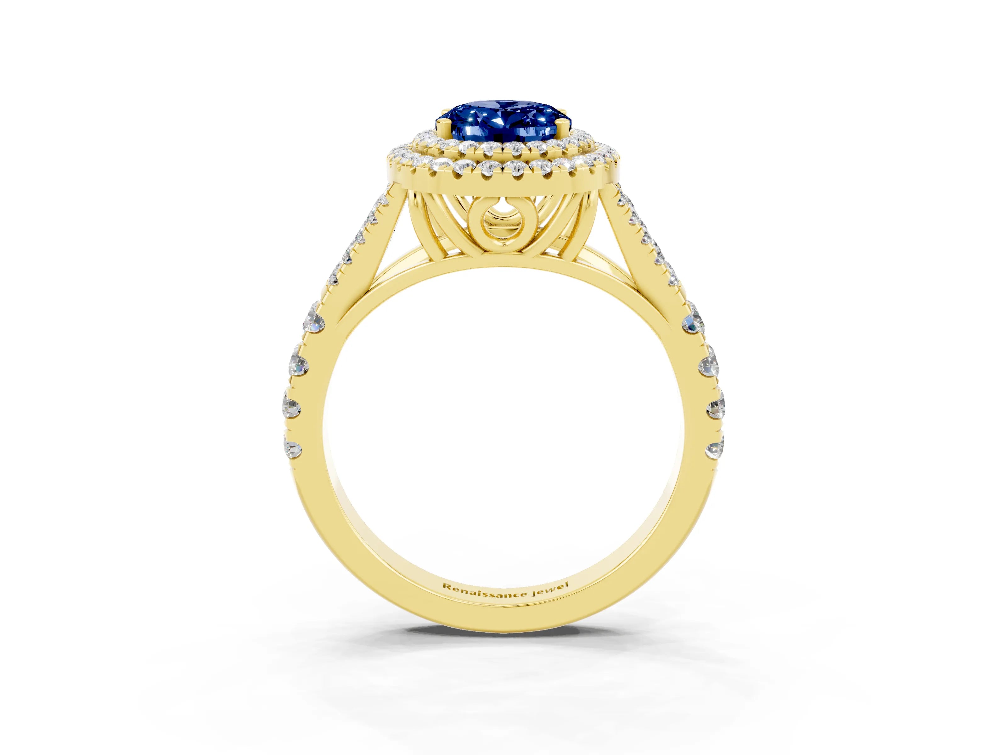 Yellow gold Double Halo Oval Cut Blue Sapphire Pavé Split Shank Ring with Prong Setting_3
