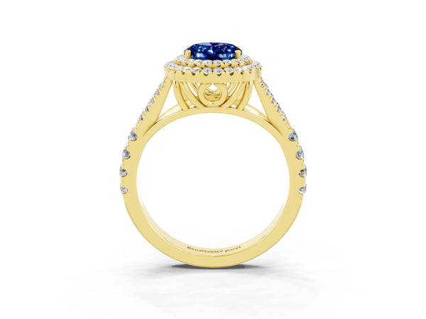Yellow gold Double Halo Oval Cut Blue Sapphire Pavé Split Shank Ring with Prong Setting