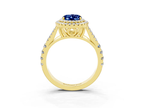 Yellow gold Double Halo Oval Cut Blue Sapphire Pavé Split Shank Ring with Prong Setting_3
