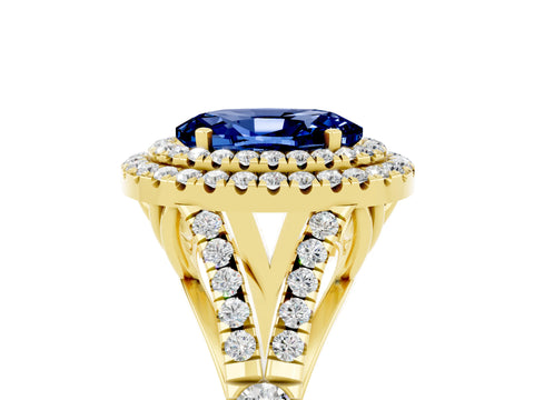 Yellow gold Double Halo Oval Cut Blue Sapphire Pavé Split Shank Ring with Prong Setting_5