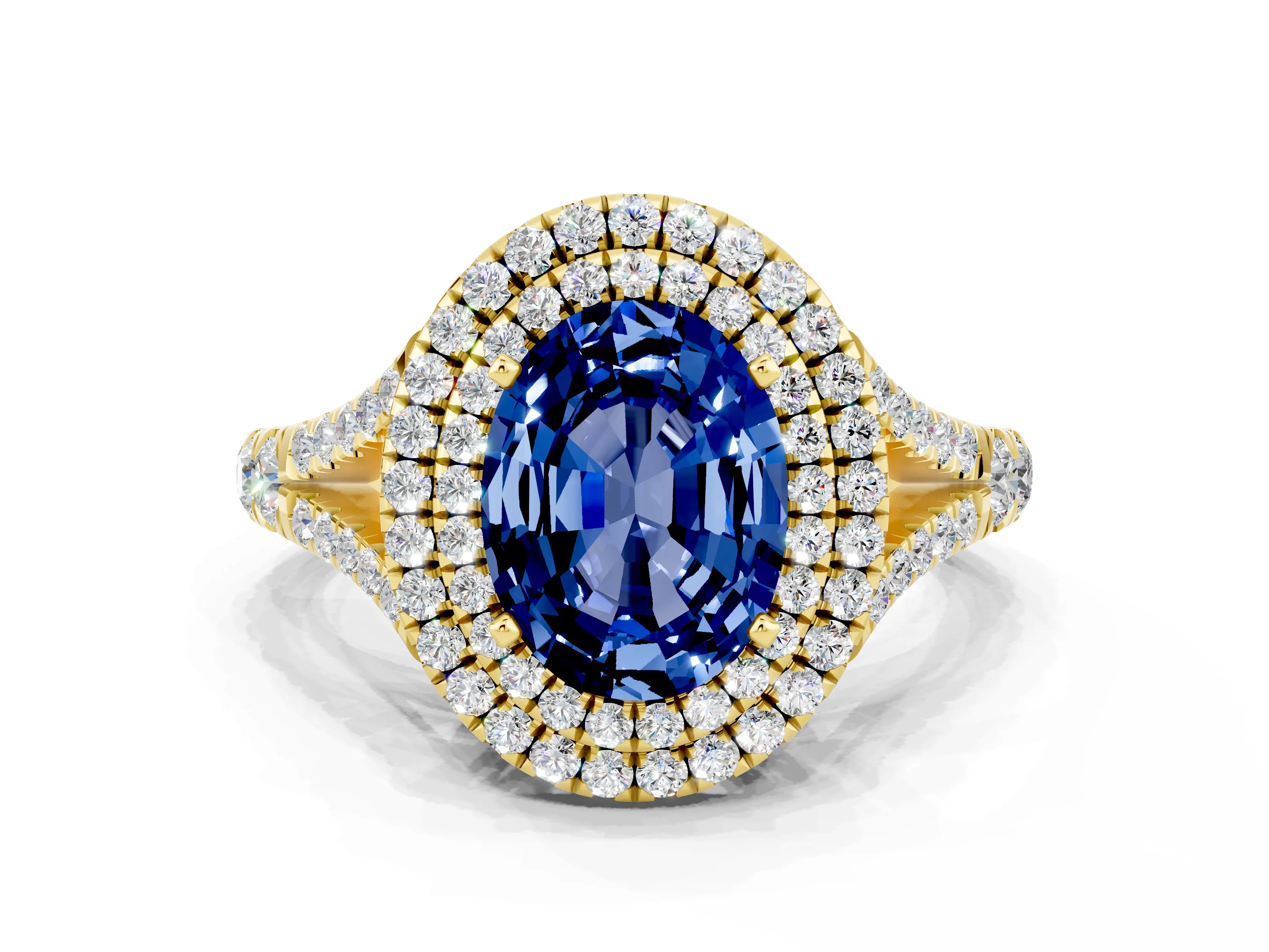 Yellow gold Double Halo Oval Cut Blue Sapphire Split Shank Engagement Ring with Four-Prong Setting