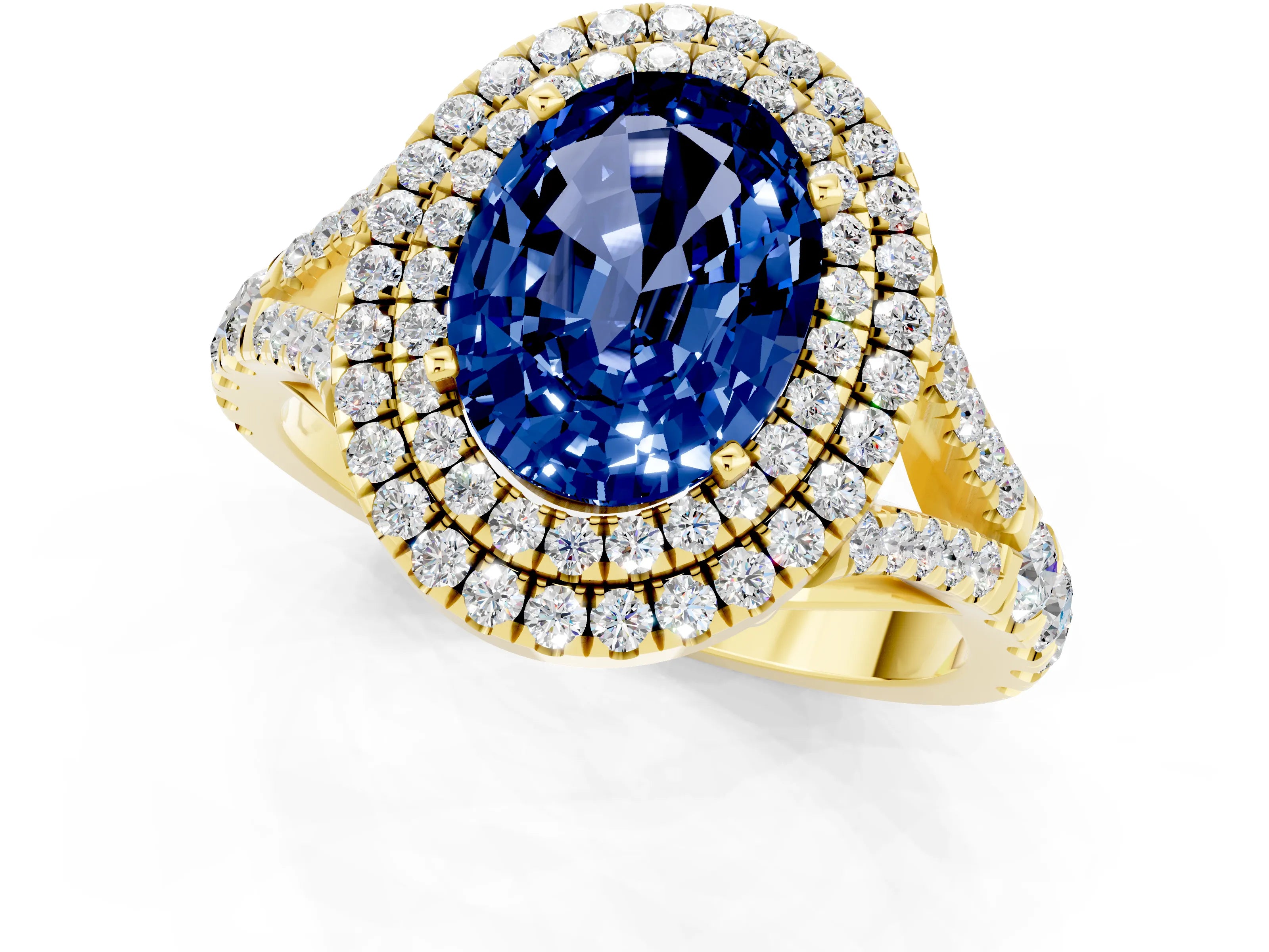 Yellow gold Double Halo Oval Cut Blue Sapphire Split Shank Engagement Ring with Four-Prong Setting_1