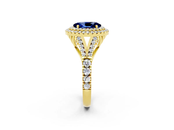 Yellow gold Double Halo Oval Cut Blue Sapphire Split Shank Engagement Ring with Four-Prong Setting
