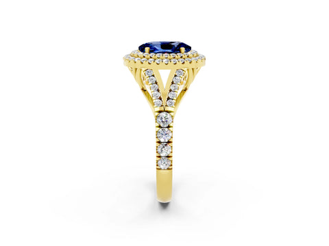 Yellow gold Double Halo Oval Cut Blue Sapphire Split Shank Engagement Ring with Four-Prong Setting_2