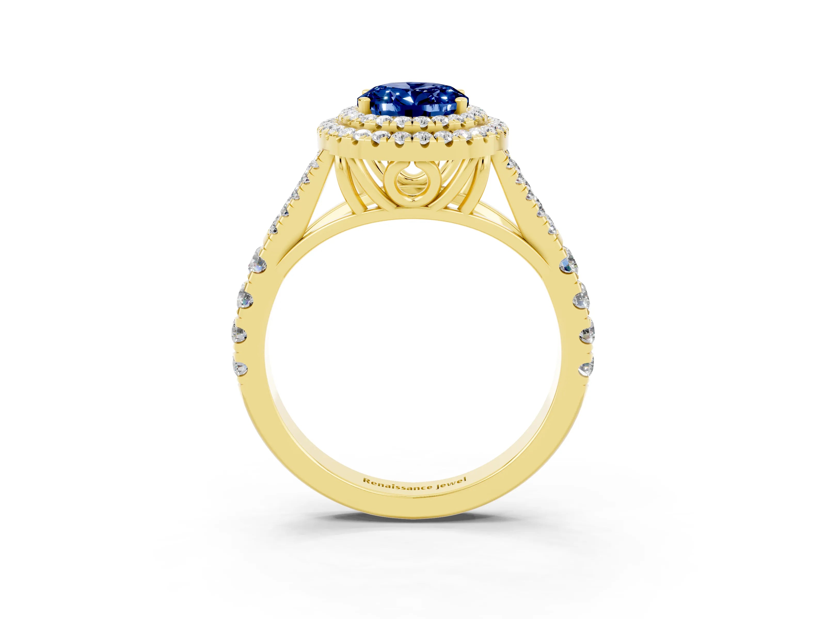 Yellow gold Double Halo Oval Cut Blue Sapphire Split Shank Engagement Ring with Four-Prong Setting_3