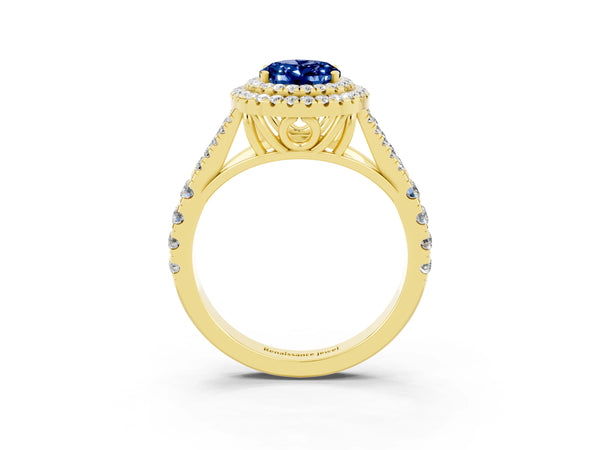 Yellow gold Double Halo Oval Cut Blue Sapphire Split Shank Engagement Ring with Four-Prong Setting