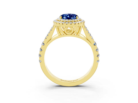 Yellow gold Double Halo Oval Cut Blue Sapphire Split Shank Engagement Ring with Four-Prong Setting_3