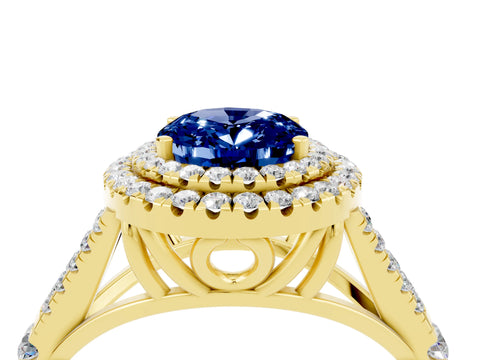 Yellow gold Double Halo Oval Cut Blue Sapphire Split Shank Engagement Ring with Four-Prong Setting_4