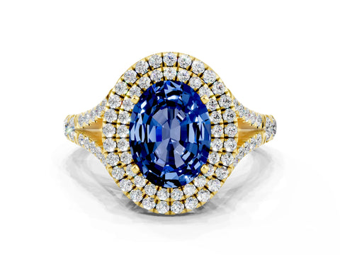 Yellow gold Double Halo Oval Cut Blue Sapphire Split Shank Engagement Ring with Four-Prong Setting