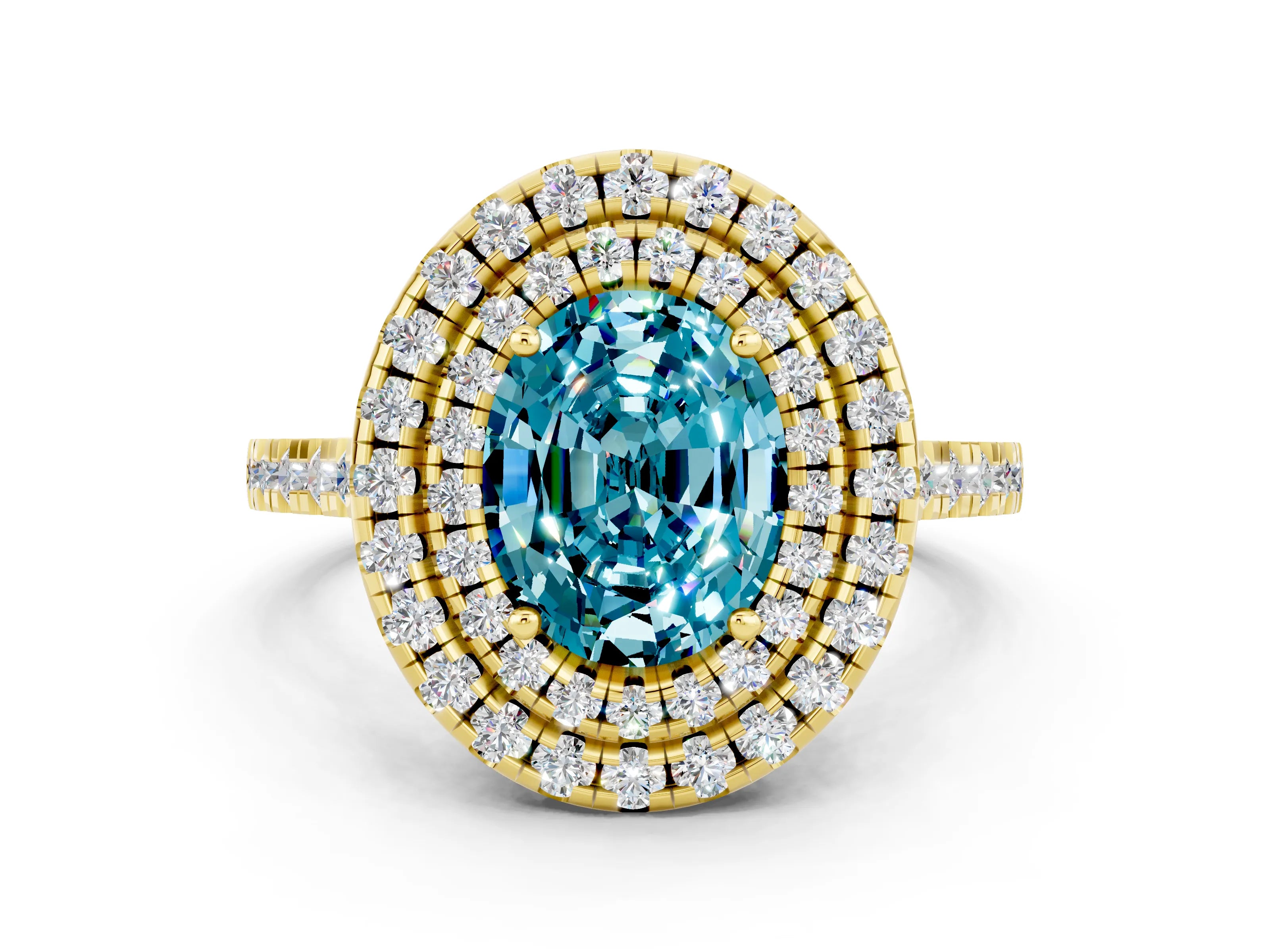 Yellow gold Double Halo Oval Cut Blue Topaz Pavé Band with Four-Prong Setting