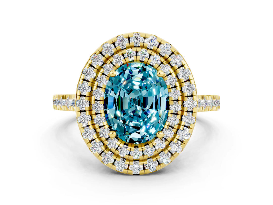 Yellow gold Double Halo Oval Cut Blue Topaz Pavé Band with Four-Prong Setting
