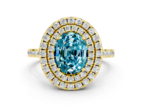 Yellow gold Double Halo Oval Cut Blue Topaz Pavé Band with Four-Prong Setting